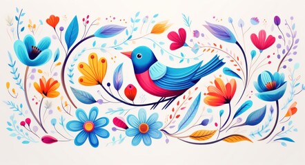 A vibrant illustration of a cartoon bird surrounded by lush flowers captures the beauty of art and nature in a mesmerizing and captivating way
