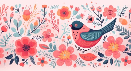 A whimsical illustration of a bird and flowers draws the eye, evoking feelings of joy and creativity through its vibrant colors and expressive brush strokes