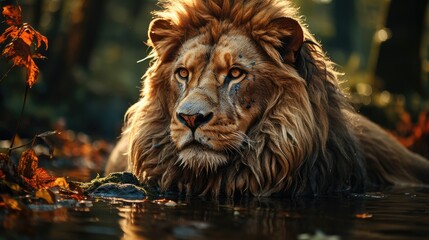 The lion looks at his reflection in the water against the backdrop of the jungle