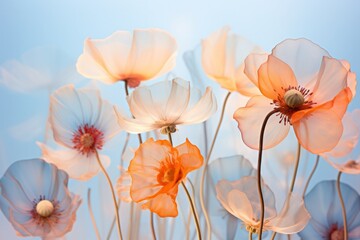 A vibrant bouquet of poppies stands proudly in the sunshine, its cheerful orange and white petals beckoning to be admired