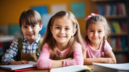 Smiling children in an elementary school classroom