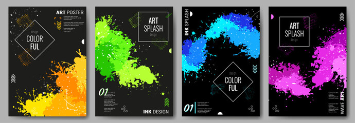 Set of abstract posters. A colorful splash of paint or ink on a black background. Design background, cover, postcard, magazine, poster. Vector illustration.