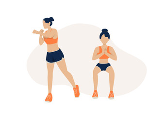 Young women doing exercises boxer squat punch