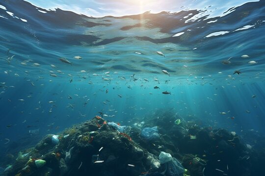 Illustration depicting plastic waste floating on the ocean. Generative AI