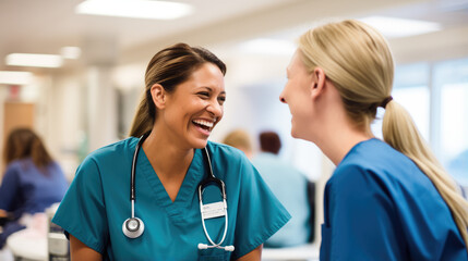 Two nurses laughing together in a hospital.