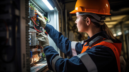 Commercial electrician at work on a fuse box, adorned in safety gear, demonstrating professionalism
