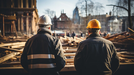 Two construction inspectors in winter jackets and hard hats look at a building under construction. - obrazy, fototapety, plakaty