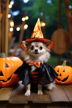 Cute dog with Halloween costume. Seasonal party. Generative AI