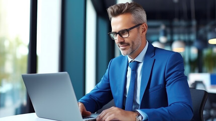 Happy smiling middle aged professional business man company executive ceo manager wearing blue suit sitting at desk in office working on laptop computer. Portrait. 