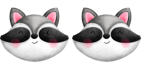 Set of adorable baby raccoons watercolor illustration.Cute animals head clipart.