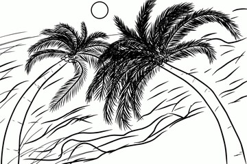 Hand drawn abstract rough sketch of two palm tress on the beach.