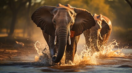 African elephant walking swinging his trunk against a forest background