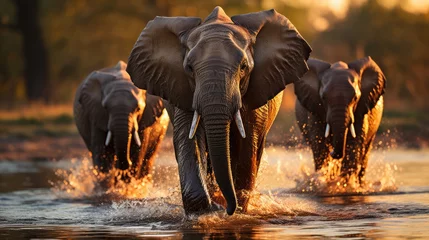 Photo sur Plexiglas Kilimandjaro African elephant walking swinging his trunk near the lake at sunset