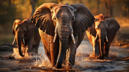 Fototapeta premium African elephant walking swinging his trunk near the lake at sunset