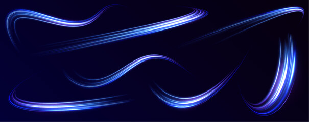 Abstract energy in the form of stripe, arc, curl and zigzag in neon colors with light effect. и Acceleration speed motion on night road. Bright sparkling background.	
