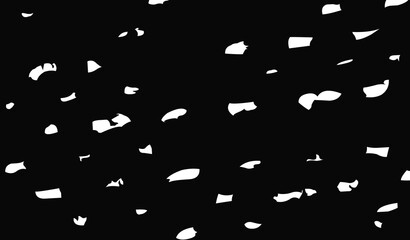 Black background with falling various shape of pieces of white paper. Illustration design.