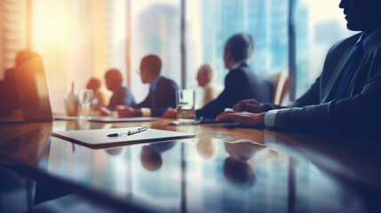 Panoramic view of business meeting in boardroom. Focus on office table and blurred people on backdrop.