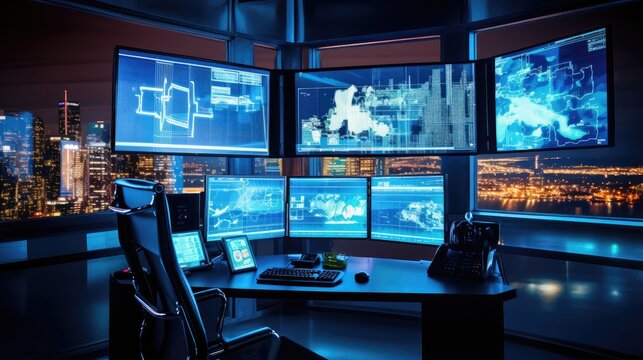 System Control Center, workplace with multiple displays, monitors showing various technical information.