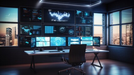 System Control Center, workplace with multiple displays, monitors showing various technical information.