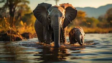 Foto op Plexiglas Kilimanjaro An elephant is enjoying bathing with his calf in the lake