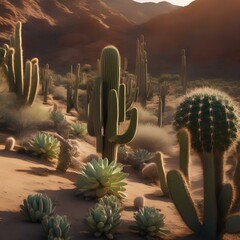 A desert landscape with cacti that have evolved to resemble intricate, living sculptures4