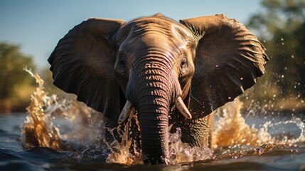 An elephant is enjoying bathing with its trunk spouting water