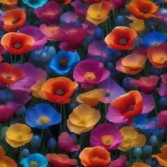 Fototapeta na wymiar A field of rainbow-colored poppies that release iridescent spores when touched, creating a magical spectacle3
