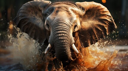 An elephant is enjoying bathing with its trunk spouting water