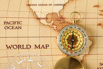 Columbus Day. Vintage compass with map of America