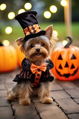 Cute dog with Halloween costume. Seasonal party. Generative AI