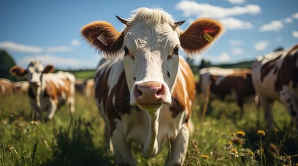 Cows being herded in a green field with a blurred background