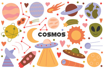 Cosmos flat cartoon set. An imaginative set of illustrations with a cartoon design, showcasing cosmic landscapes elements and celestial wonders. Vector illustration.