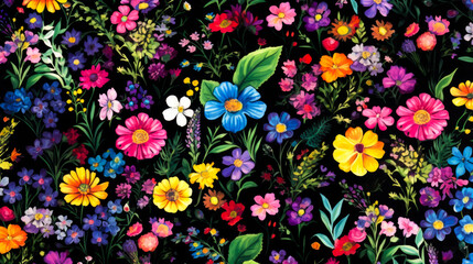 Colorful floral art collage with modern exotic and retro-style colors and shapes. For wall art, covers, interior decoration, and backgrounds.