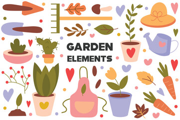 Garden elements flat cartoon set. A charming cartoon design illustration set featuring various garden elements in playful and colorful style. Vector illustration.
