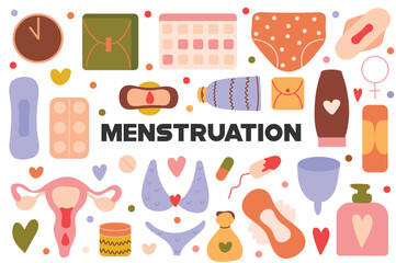 Menstruation flat cartoon set. The illustration shows everything that women need for personal hygiene on difficult days of the month. Vector illustration.