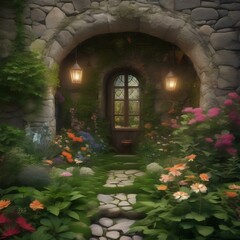 A magical, hidden garden concealed behind an ancient, overgrown stone wall, filled with mythical, rare flowers4