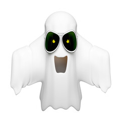 3d halloween holiday party with cute ghost flying, sunglasses, flame in eye isolated. 3d render illustration
