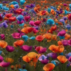 Fototapeta na wymiar A field of rainbow-colored poppies that release iridescent spores when touched, creating a magical spectacle2