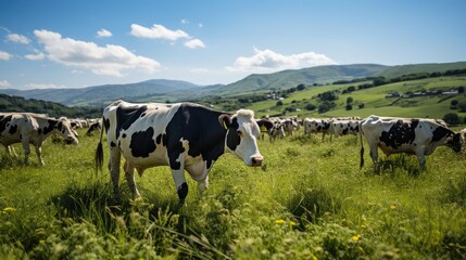 Fototapeta na wymiar Cows graze in a green field with a cattle farm in the background