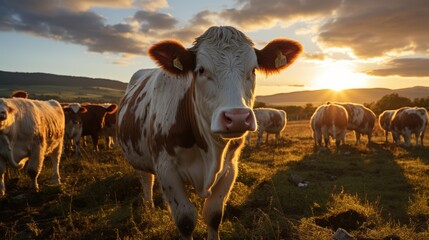 Cows on pasture at sunset