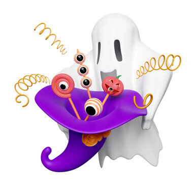 3d halloween holiday party with cute ghost flying holding witch hat, candy, snacks isolated. 3d render illustration