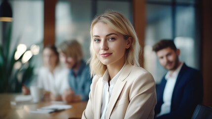 Portrait of calm young blond-haired female entrepreneur in the meeting room.