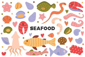 Seafood flat cartoon set. A lively cartoon illustration set capturing the vibrant world of seafood, perfect for culinary-themed designs. Vector illustration.