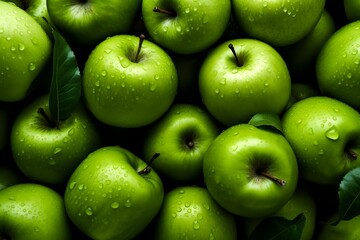 Green apples background with drops of water
