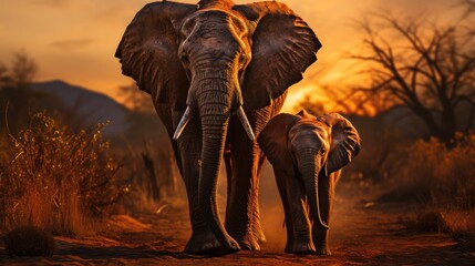 Elephant walking with her calf against the backdrop of mountains at sunset
