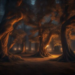 A grove of ancient trees with bark that glows like molten lava, illuminating the night forest2
