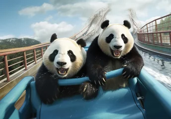 Foto op Plexiglas Happy panda on the roller coaster in the amusement park. Enjoying togetherness with Chinese mascot bear. © Virtual Art Studio
