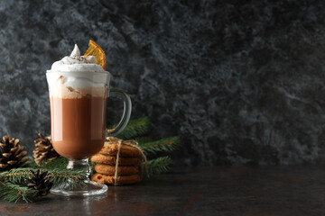 Concept of sweet drink, tasty cocoa drink with marshmallow, space for text