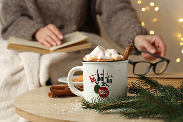 Concept of sweet drink, tasty cocoa drink with marshmallow