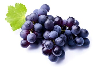 Fototapeta premium Bunch of black grapes with green leaves isolated on white background